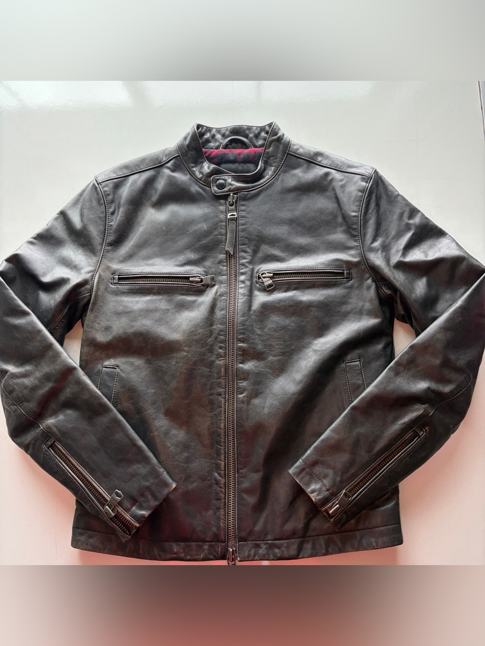 Banana republic leather biker moto jacket plaid lining men’s small